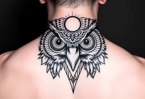 Owl head with large intense tripping on acid colored eyes with cyberpunk style  and geometry and glowing circle on the forhead without pupil tattoo idea