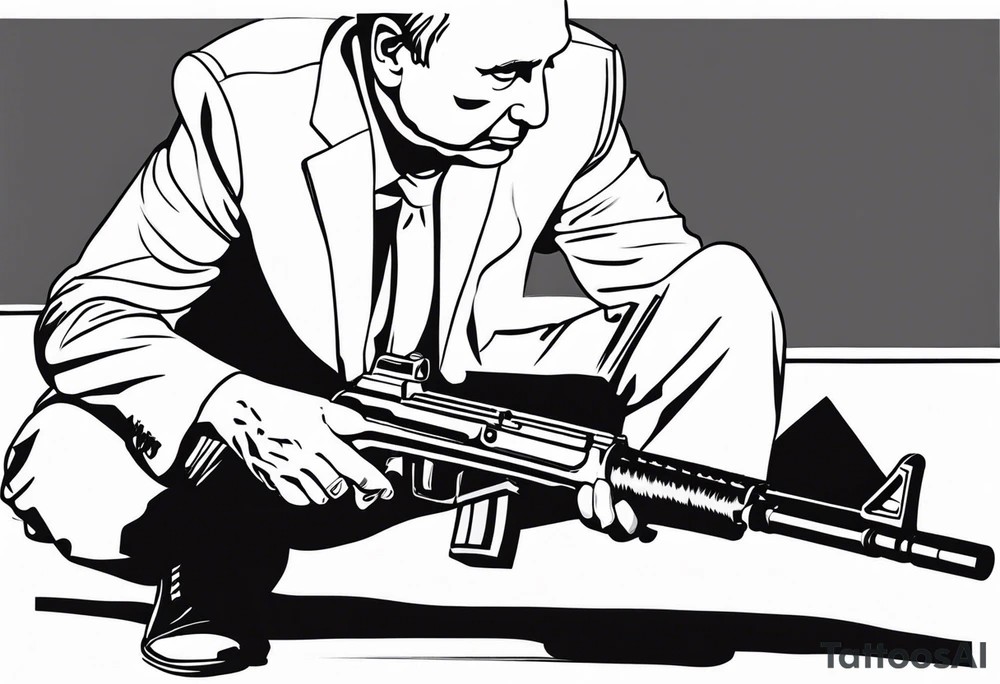 Vladimir Putin, knees on the ground. Russian grandma points Kalashnikov rifle muzzle at his head tattoo idea