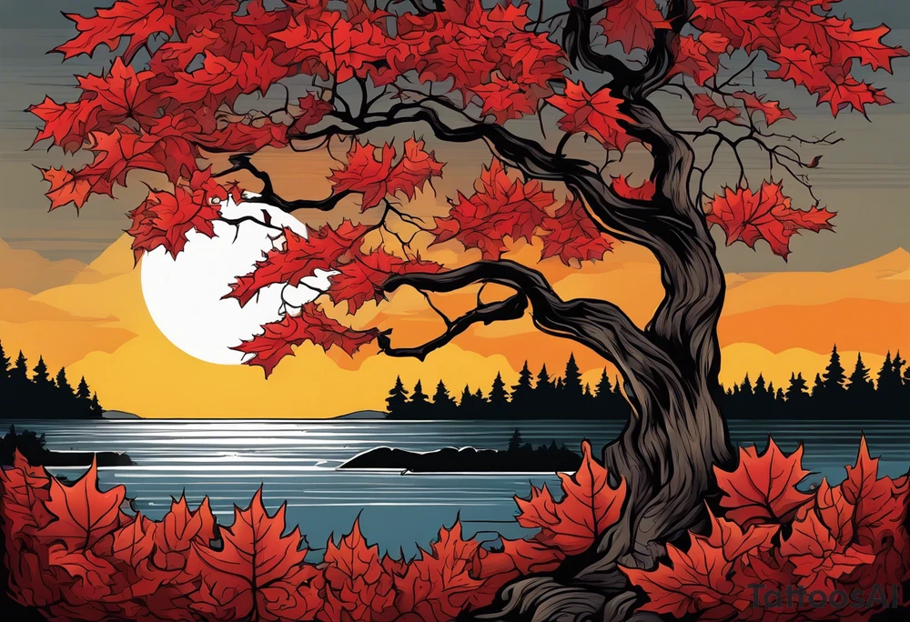Hikae. A maple tree with red autumn leaves that branches upwards. White-throated dipper bird on the trees branches. Calluna flowers at the base of the trees stem. Tree stem has dark colors. Red/yellow sunset behind the trees stem. Leaves falling. tattoo idea
