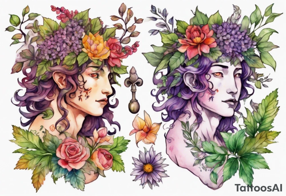 Dionysus covered in flowers and leaves tattoo idea