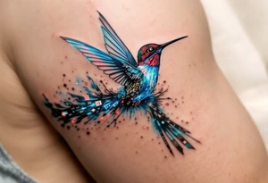 A hummingbird leaving a trail of glowing hieroglyphs as it flies(only red, blue and black are possible colors) tattoo idea