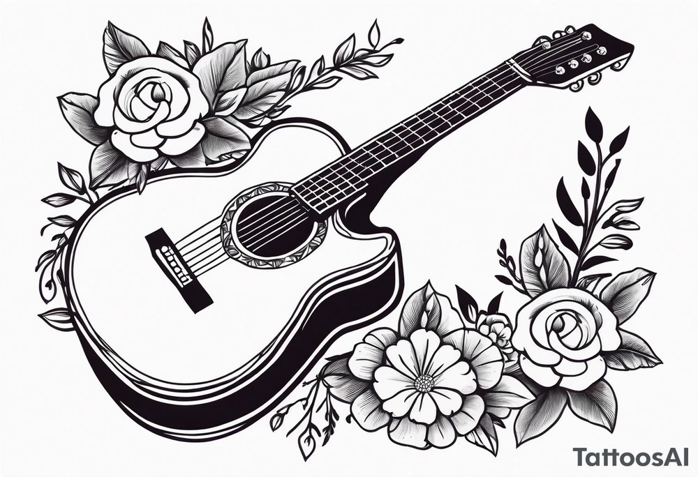 old school traditional vintage style design of guitar with flowers surrounding it tattoo idea