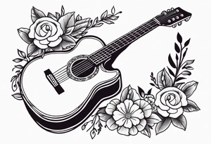 old school traditional vintage style design of guitar with flowers surrounding it tattoo idea