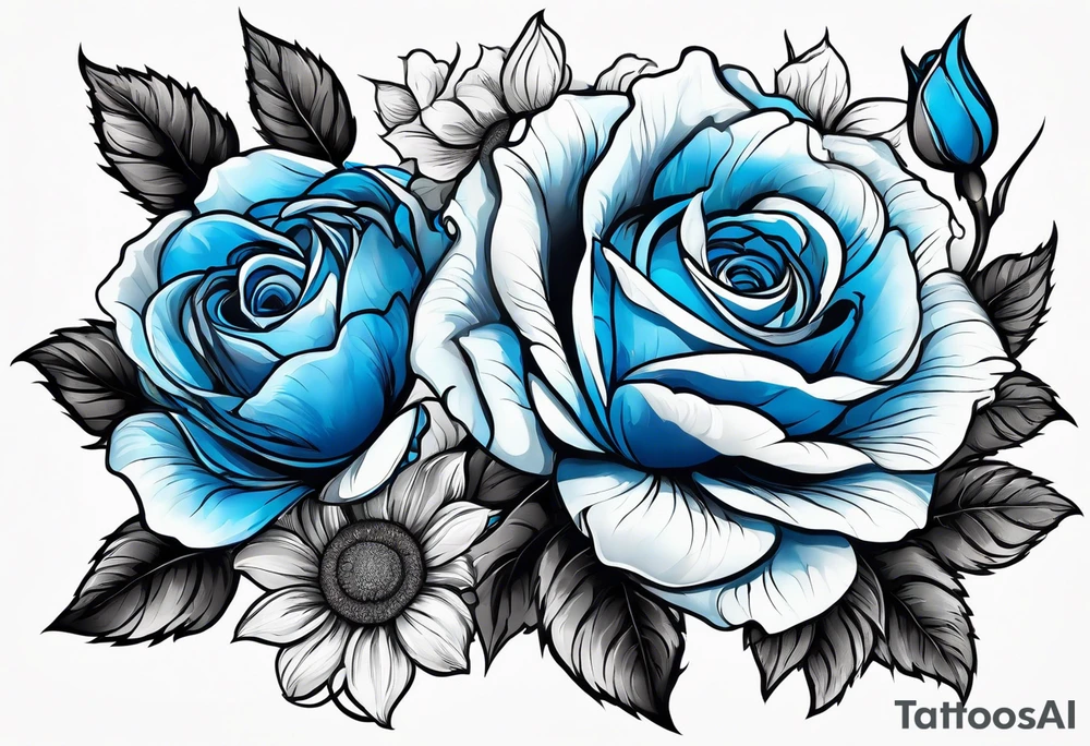 flower rose and blue, sunflower, tattoo idea