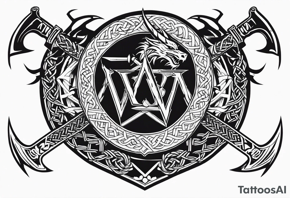 Valhalla sword shield dragon axe Valknut barbed wire chains tattoo idea Valhalla sword shield dragon axe Valknut barbed wire chains tattoo idea