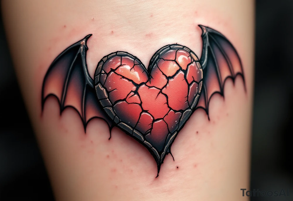 A heart with bat wings, cracked like old stone, symbolizing loneliness and independence. tattoo idea