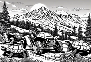 Wasatch Mountain scape with a Honda three wheeler and four turtles watching from the path tattoo idea