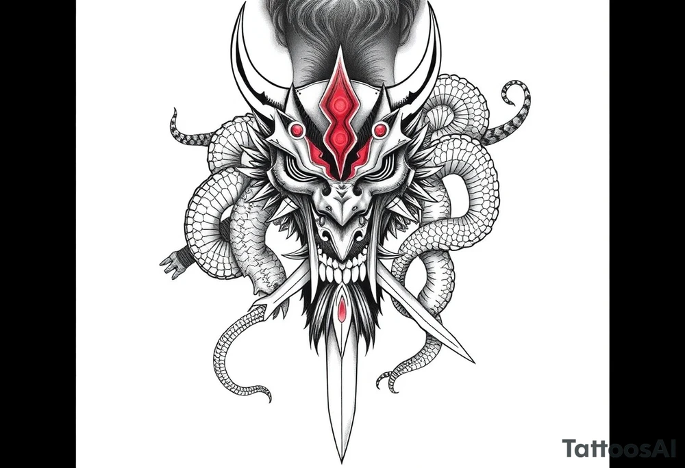 Back Tattoo with An Oni With a broken mask and a Sword, Dragons & snakes tattoo idea