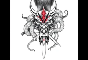 Back Tattoo with An Oni With a broken mask and a Sword, Dragons & snakes tattoo idea