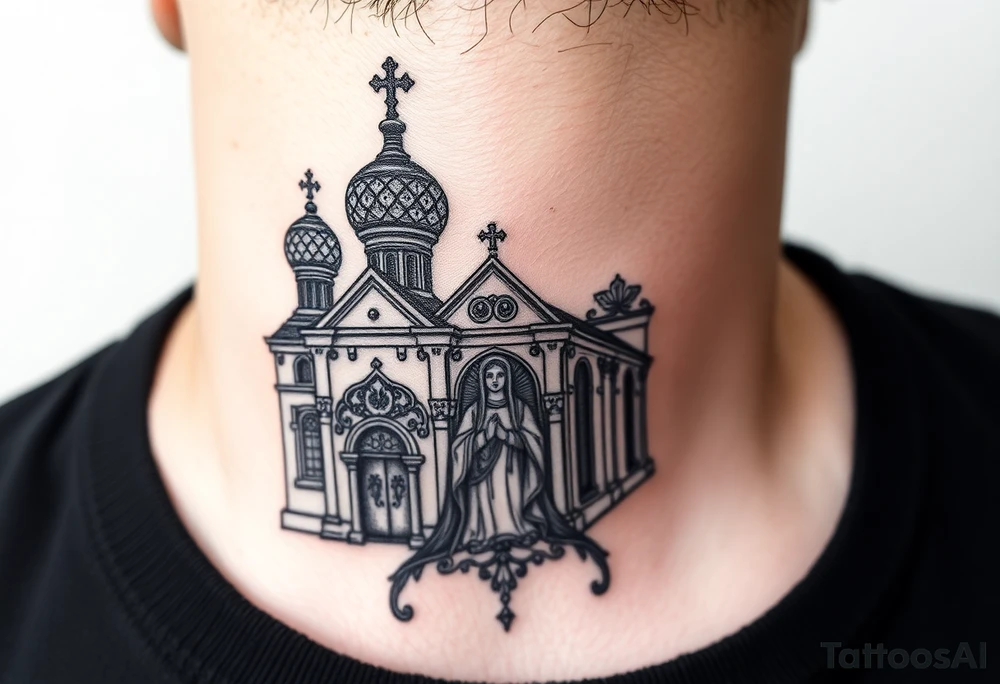 medium traditional russian orthodox church with a russian coat arms and virgin mary tattoo idea