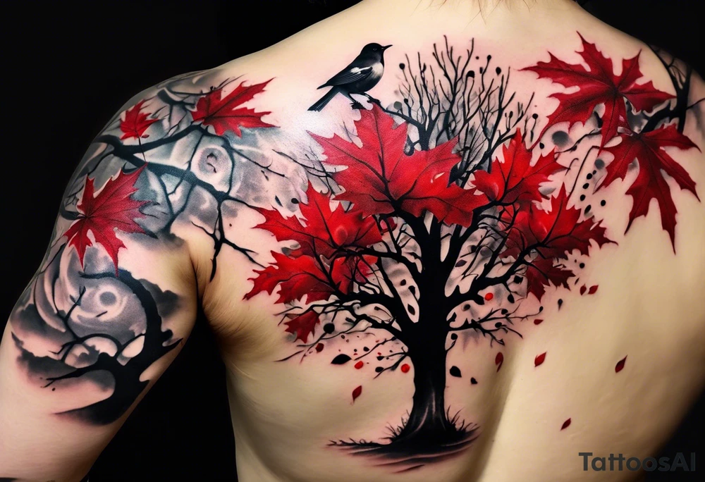 trash polka style. Arm tattoo. Long tattoo. large tattoo. Full sleeve. Shoulder. A single large maple tree with red autumn leaves that branches upwards from wrist to shoulder. White-throated dipper bird on the trees branches. Calluna flowers at the base of the trees stem. Tree stem has dark colors. Red/yellow sunset behind the trees stem. Leaves falling. tattoo idea