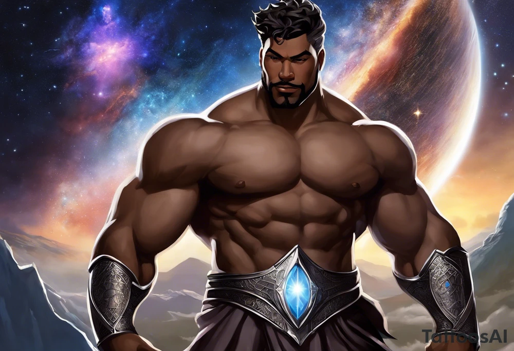 Jehovah looking out at the marvels of his creation from the atoms to the galaxy and celestial beings. With grey wash and a fantasy theme. Jehovah has to be a character who is so majestic, charismatic, immensely powerful. There isnt a single thing he isnt capable of doing. Infinitely powerful forward facing. Without the pagan styled attire and without the pagan symbols etceterashirtless, large muscular athletic physique, deep muscle definition tattoo idea