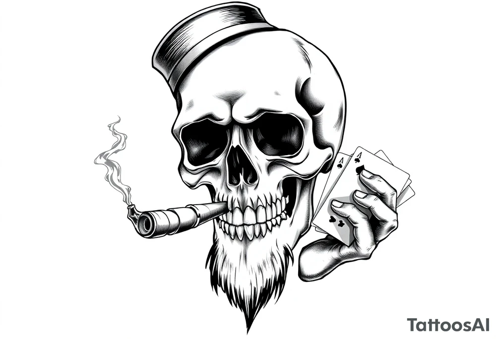 a skull with mustache, a big cigar in his mouth,top-hat on his head and playing cards in a hand. tattoo idea