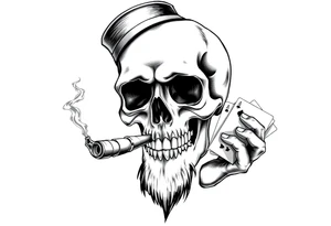a skull with mustache, a big cigar in his mouth,top-hat on his head and playing cards in a hand. tattoo idea
