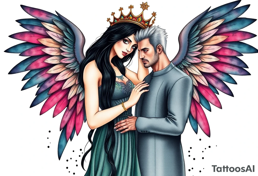 A Scorpio gypsy woman with wings like an angel and long black hair and green eyes placing a kings crown on a tall man with grey short spiked hair and blue eyes. She is wearing a long flowing dress tattoo idea