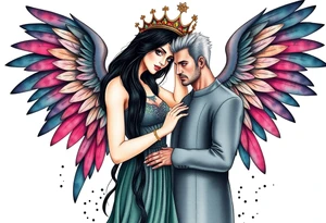 A Scorpio gypsy woman with wings like an angel and long black hair and green eyes placing a kings crown on a tall man with grey short spiked hair and blue eyes. She is wearing a long flowing dress tattoo idea