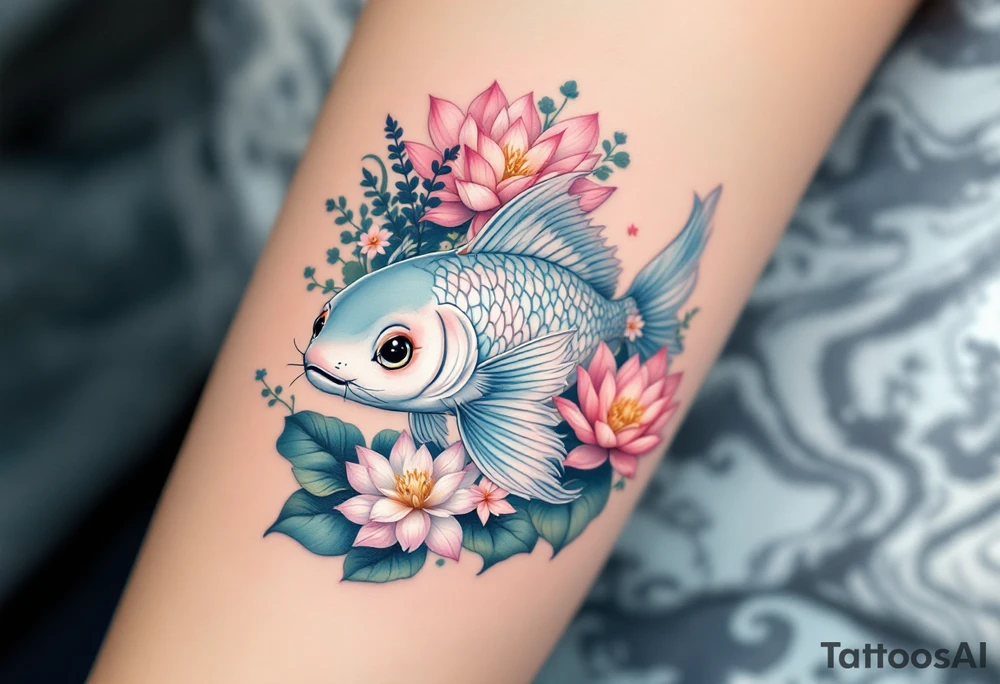 Catfish with Floral Elements – A gentle catfish with light blue-gray skin, surrounded by lotus flowers and soft pastel water waves, blending naturalistic and ornamental styles. tattoo idea