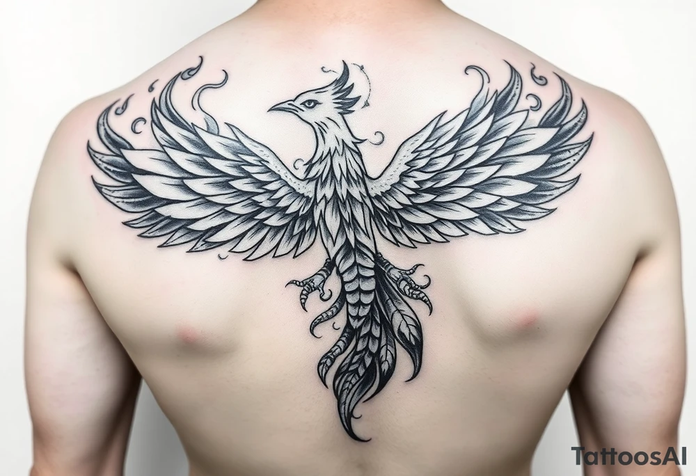 A phoenix with fiery feathers blending into swirling smoke. The tail feathers transition into scorpion pincers, scales subtly integrated. Eagle wings outlined in flames accent the overall design. tattoo idea