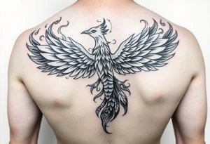 A phoenix with fiery feathers blending into swirling smoke. The tail feathers transition into scorpion pincers, scales subtly integrated. Eagle wings outlined in flames accent the overall design. tattoo idea