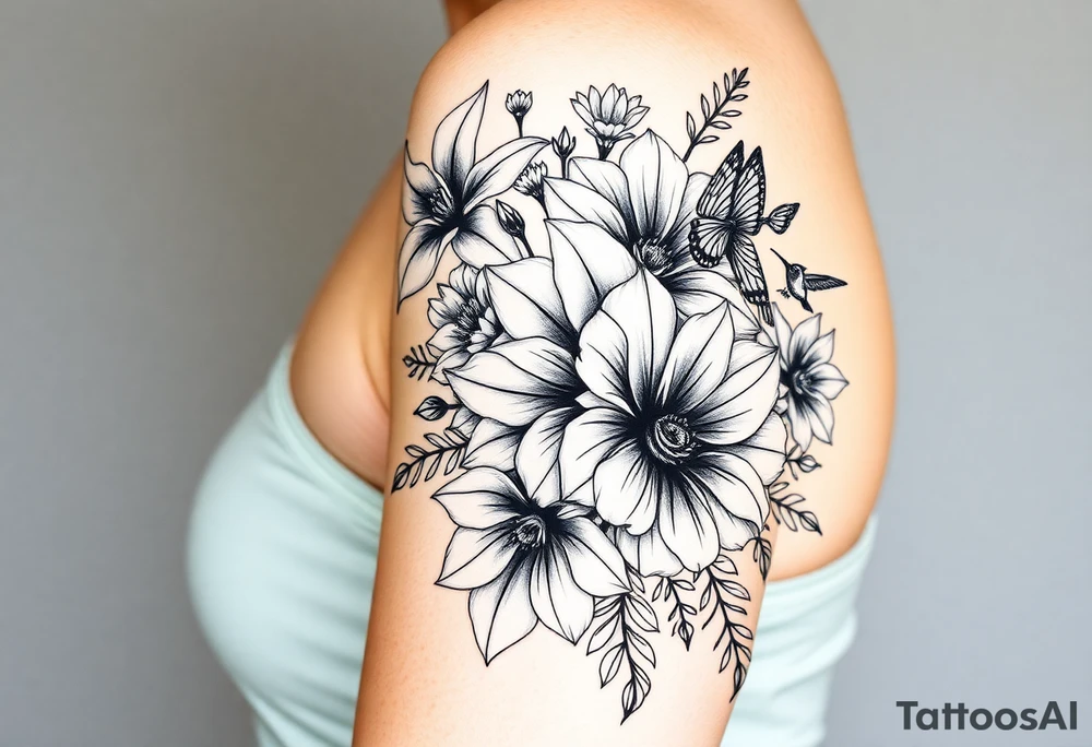 Can you create an image of a tattoo that will go on my upper arm including the following floral arrangement done very light handed and with soft lines- 1 large violet, 1 large carnation, 1 large lily of the valley, 1 large narcicuss, 1 medium carnation, 1 medium violet, 1 small dafodil, 2 small water lillies, and 1 small chrysanthemum. Add a small hummingbird drinking out of the large narcicuss. I want it on my upper right arm on the outside but slightly wrapping around the outer arm. I would like some greenery to fill in spaces as well. Make it large enough to fill my upper arm. I want the flowers to have dramatic and realistic shading. Make the tattoo more vertical than horizontal and put it on a female's arm with medium tan skin. tattoo idea