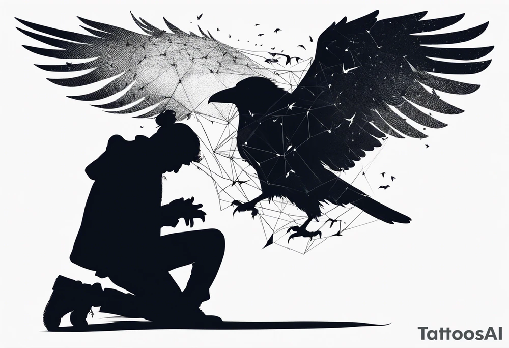 Silhouette of a man on his knees bent over with crows coming out his back like pieces of him flying away. tattoo idea