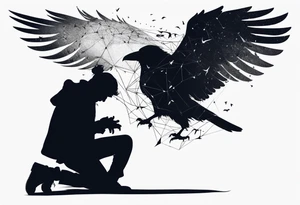 Silhouette of a man on his knees bent over with crows coming out his back like pieces of him flying away. tattoo idea