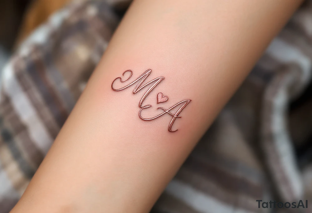 Romantic Script Monogram – Rose gold cursive “M ❤️ A” in a flowing handwritten style, joined by a soft heart accent. tattoo idea