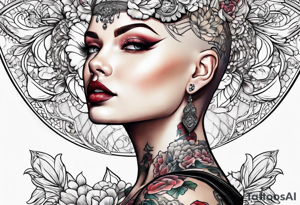 Bald woman tattoo idea