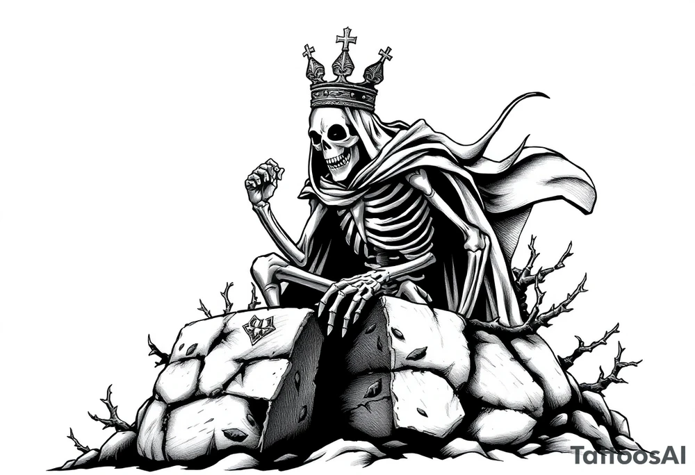 A crowned skeletal warrior rising from a stone barrow, cloaked in shadows and thorns. tattoo idea