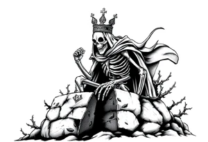 A crowned skeletal warrior rising from a stone barrow, cloaked in shadows and thorns. tattoo idea