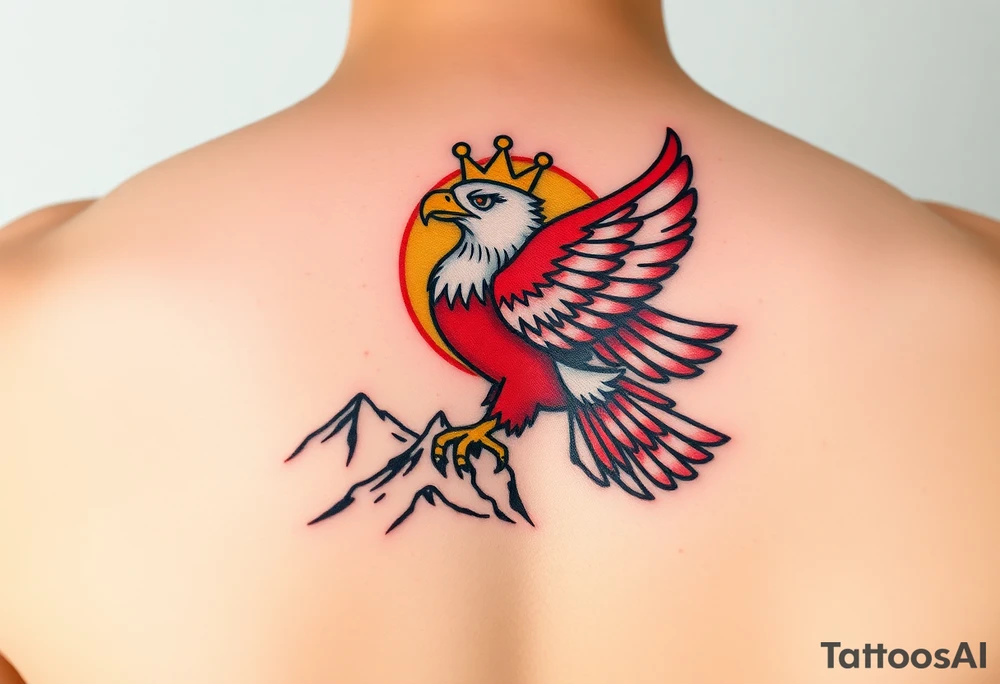 A red and white Moravian eagle with golden crown on its head  soaring above mountain peaks, with the sun rising behind it tattoo idea
