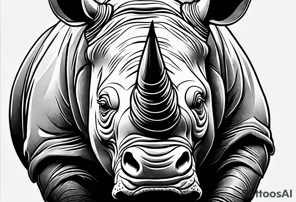 A front-facing rhino head with a sharp elongated tusk that is angry and fierce. Ears pointed straight up and forward a bit. Eyes that pierce your soul. A snarling jowel tattoo idea