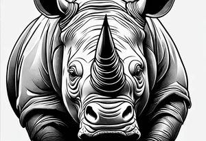 A front-facing rhino head with a sharp elongated tusk that is angry and fierce. Ears pointed straight up and forward a bit. Eyes that pierce your soul. A snarling jowel tattoo idea