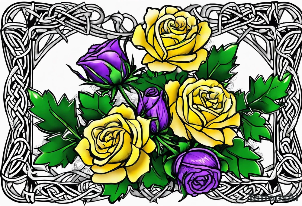 Purple thistle, yellow rose and shamrock with stems intertwined spelling KND in celtic lettering tattoo idea