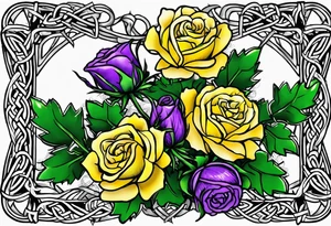 Purple thistle, yellow rose and shamrock with stems intertwined spelling KND in celtic lettering tattoo idea