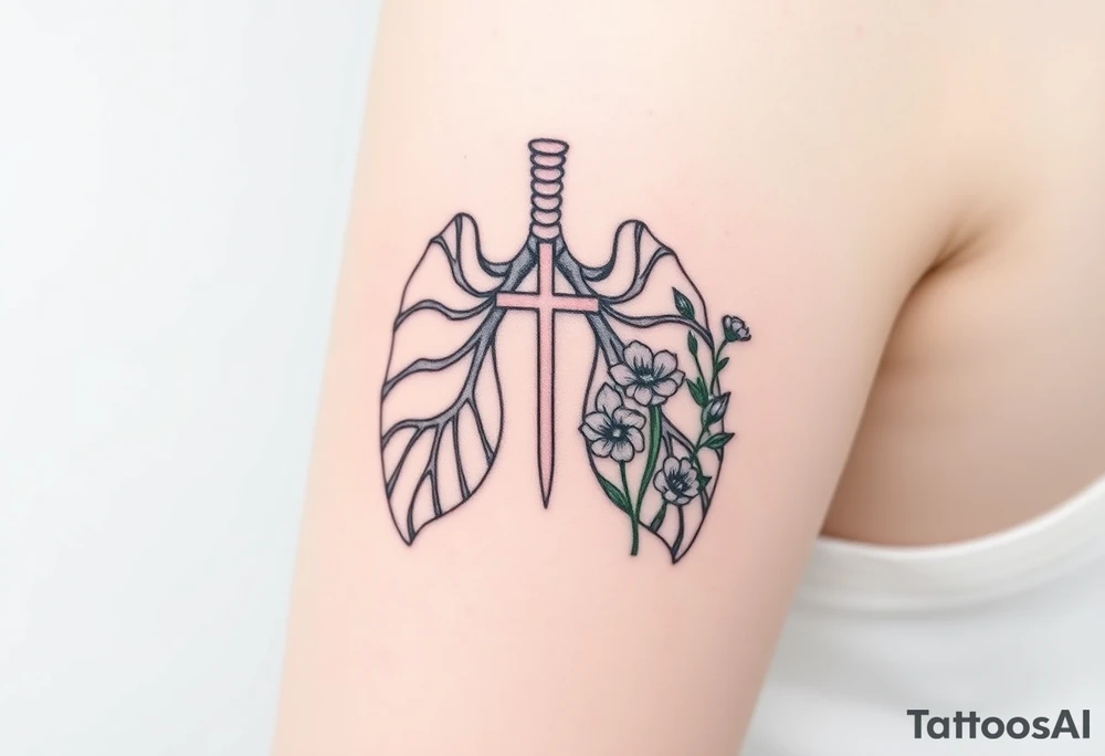 tattoo with skeleton lungs
: one side representing death and the other life. (from death to life) with a simple cross down the middle. The life side I'd like the following flowers growing out of it: Morning Glory, Lily of the Valley, Daffodil, Rose, Poppy, and Iris tattoo idea