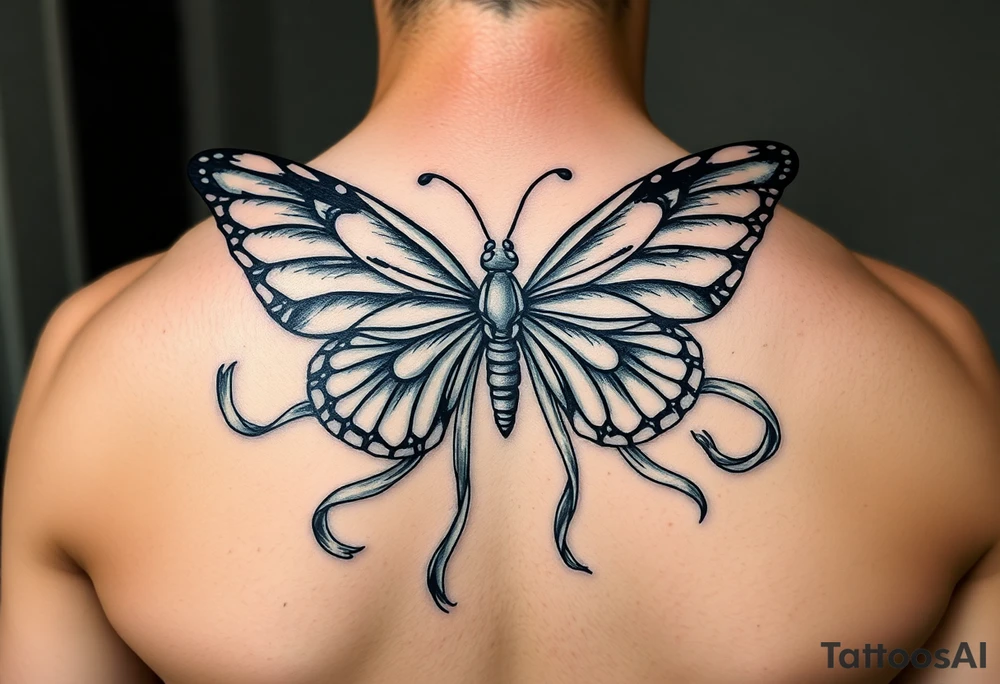 ethereal butterfly with flowing silk ribbons in moonlight tattoo idea