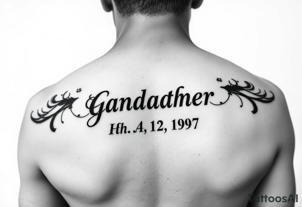 Small tattoo , on the traps , representing grandfather and date of death, could be in German or English tattoo idea