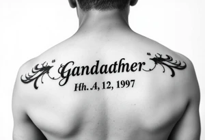 Small tattoo , on the traps , representing grandfather and date of death, could be in German or English tattoo idea