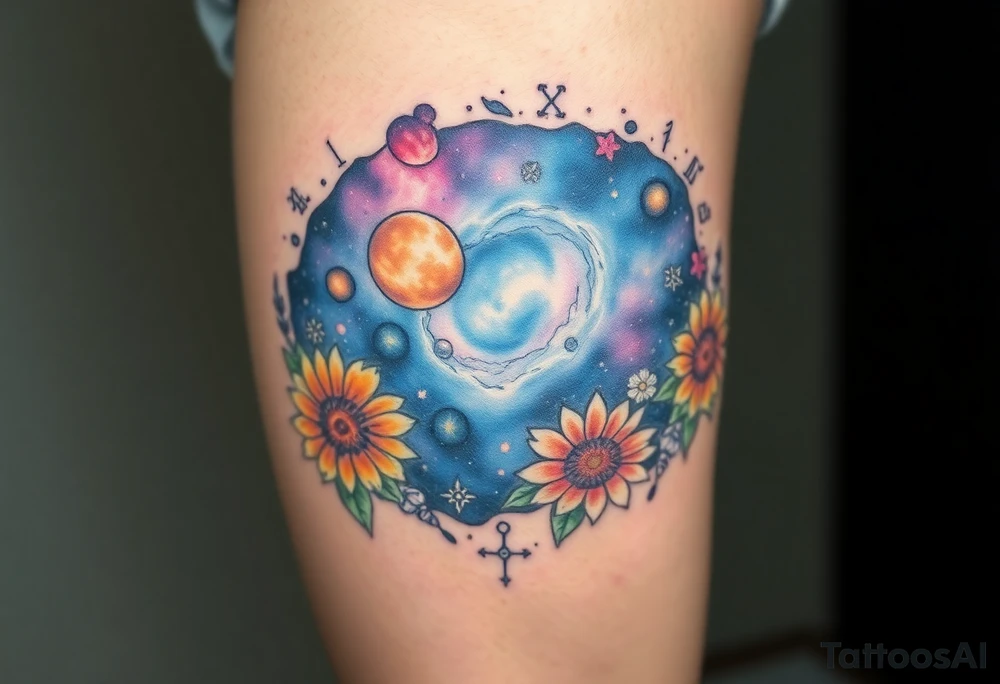 Milky way galaxy with planets with zodiac symbols and protection runes in it with tigerlillies roses and sunflowers tattoo idea