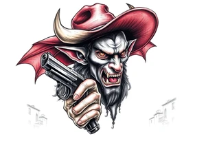 a demon with cowboy-hat ,a gun in a hand, old buildings in the background. tattoo idea