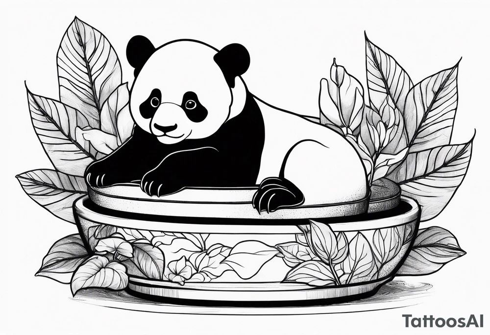 a bonsai pot with anthurium leaves and a statue of a baby panda sitting under the foliage tattoo idea