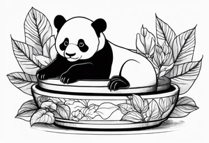 a bonsai pot with anthurium leaves and a statue of a baby panda sitting under the foliage tattoo idea