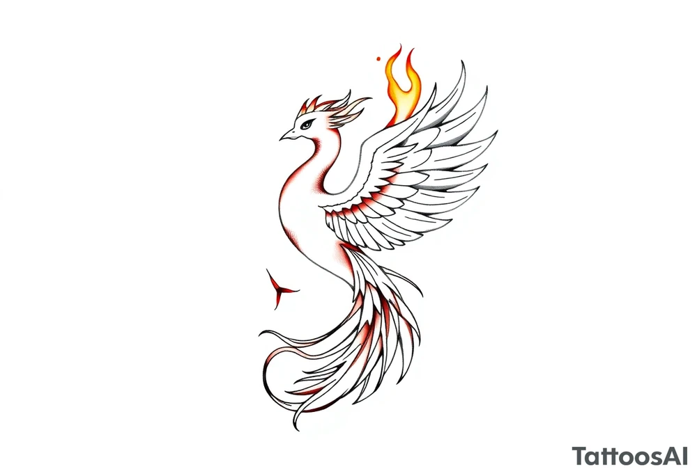 large fiery phoenix surrounded by fire. with a crown of fire flapping wings with a flaming tail tattoo idea