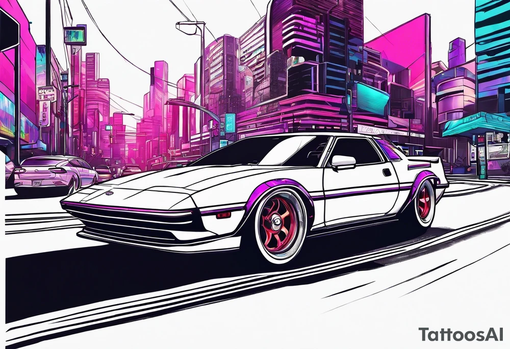 Car.driving through Synthwave cityscape tattoo idea