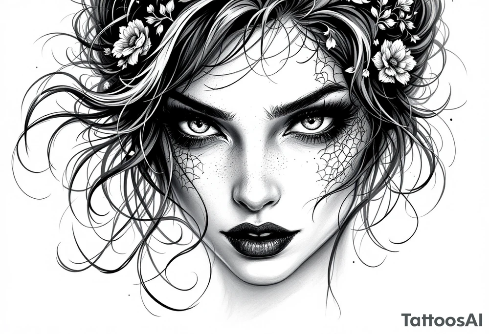 A sinister mermaid or vampire woman with piercing eyes and intricate shadow work. tattoo idea