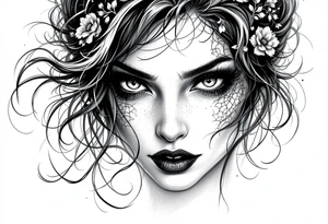 A sinister mermaid or vampire woman with piercing eyes and intricate shadow work. tattoo idea