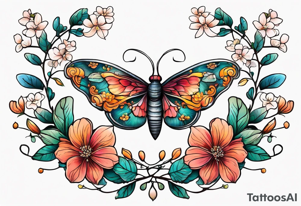 Winding branches and leaves and tiny flowers with a small moth tattoo idea