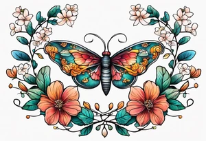 Winding branches and leaves and tiny flowers with a small moth tattoo idea