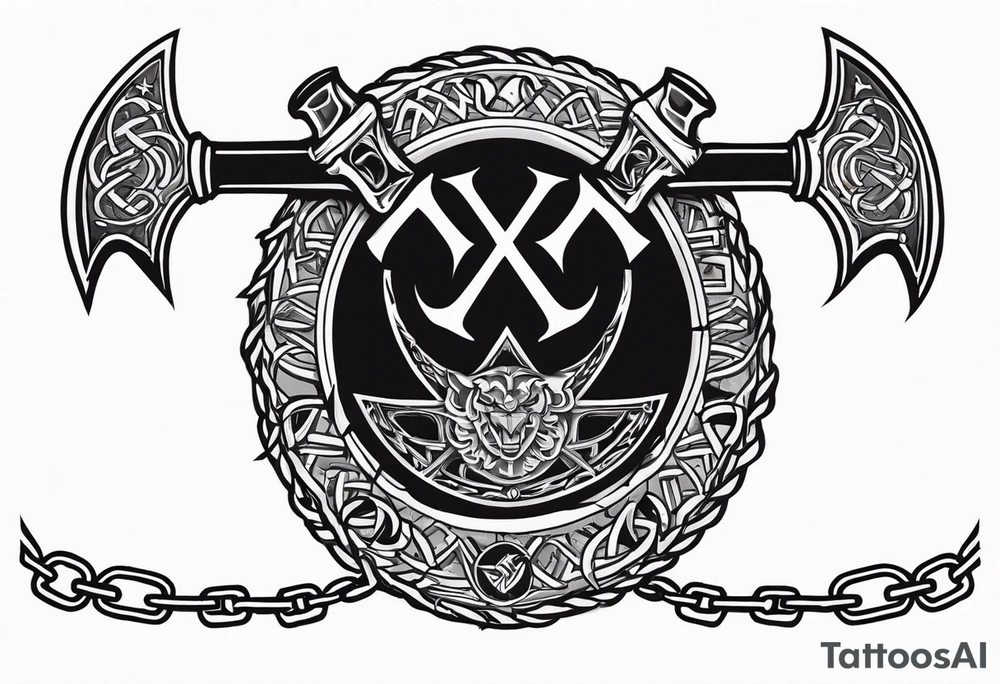 Valhalla round shield axe barbed wire chains tattoo idea